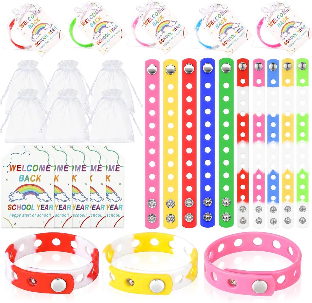 Soulchen 50 Sets Welcome Back to School Silicone Charm Bracelets Gifts Set, Adjustable Rubber Wristband Bracelets with Hole, Organza Bags, Welcome Label Tags for Class Student Reward Party Birthday