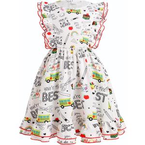 IMEKIS Toddler Kids Girls Back to School Dress Ruffle Sleeve Pencil Print Kindergarten First Day of School Outfit 3-8T (White)