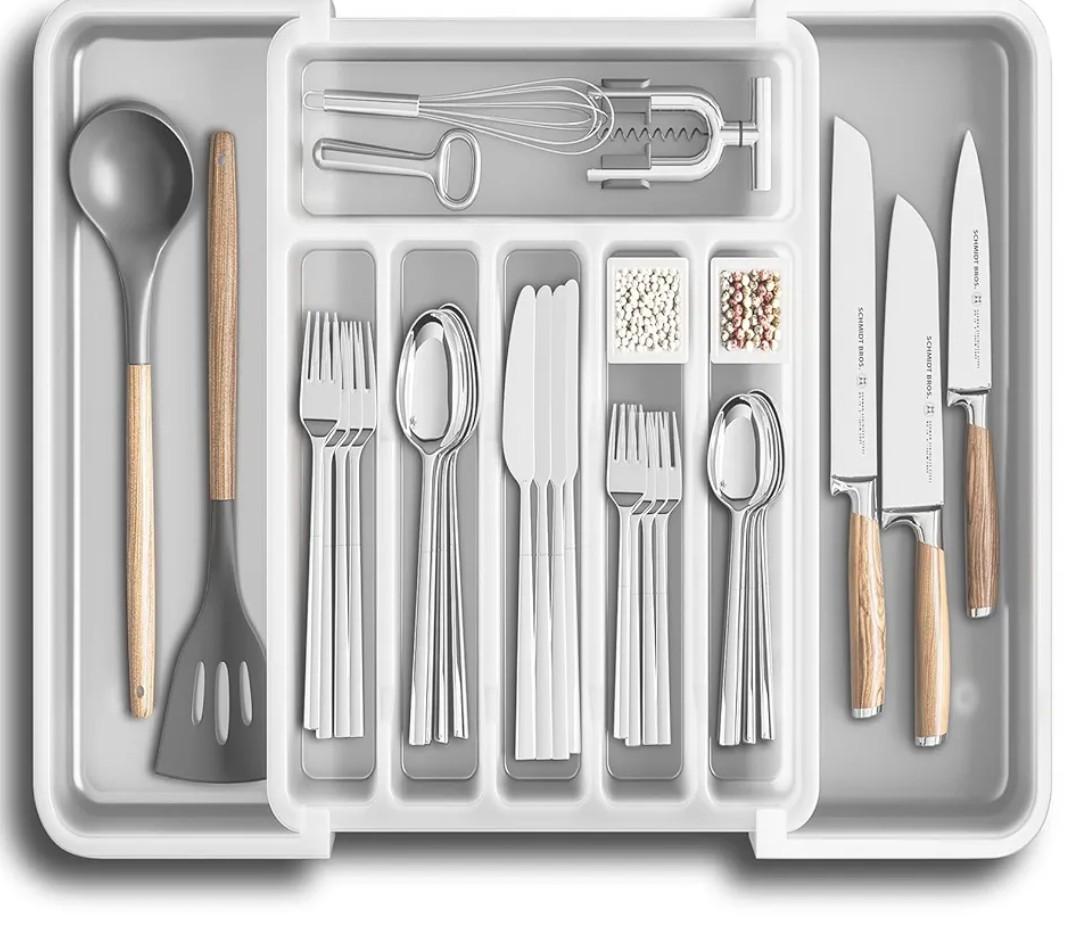 TAELXIID Silverware Drawer Organizer, Expandable Utensil Tray for Kitchen, BPA Free Flatware and Cutlery Holder, Adjustable Plastic Storage for Spoons Forks Knives, Large, Clear