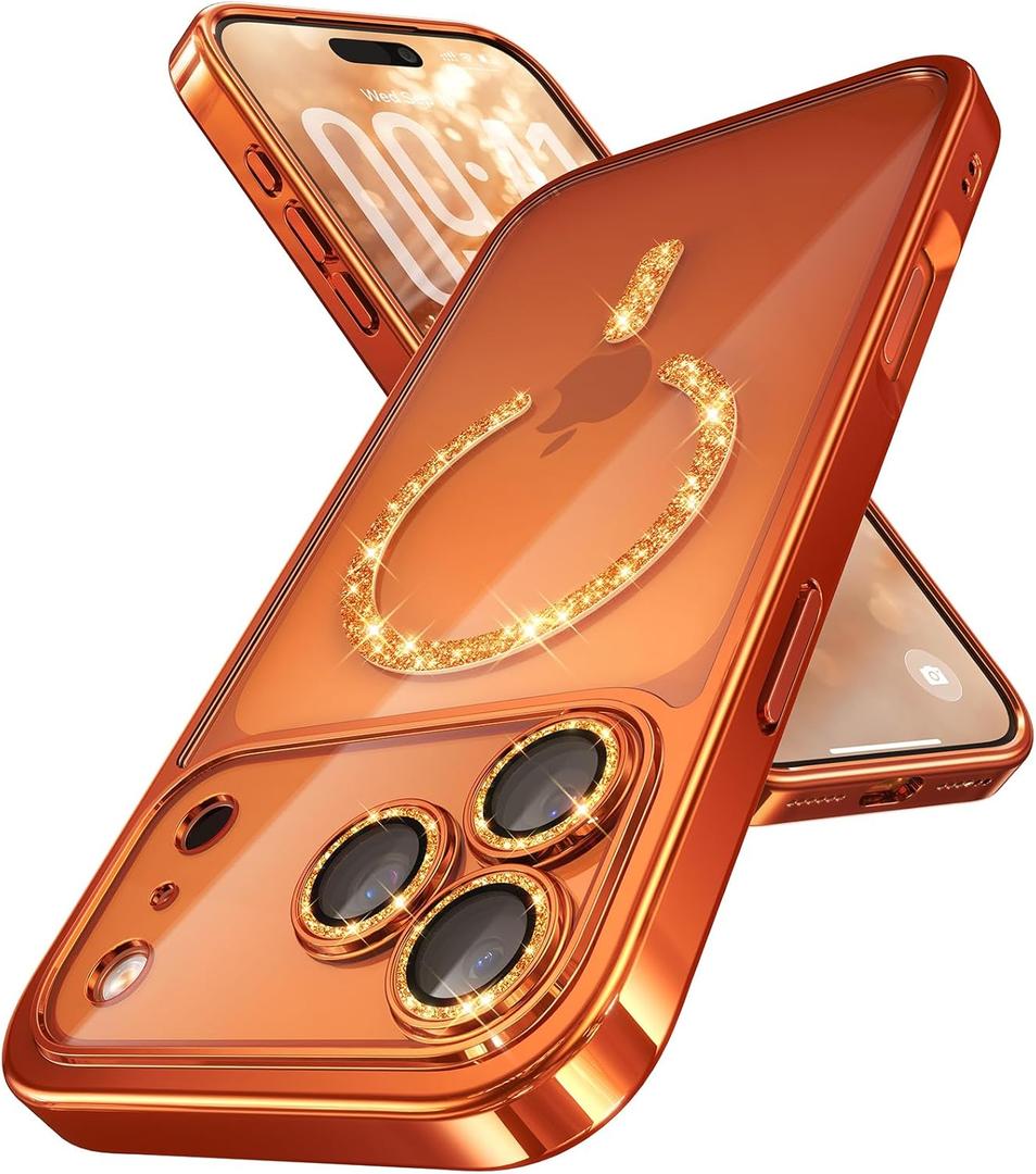 Magnetic for iPhone 17 Pro Max Case with Glitter Integrated Lens Protection, [Glossy Bumper & Shiny Magnetic Ring] [Compatible with Magsafe] Cute Women Girly Case for iPhone 17 Pro Max Cosmic Orange