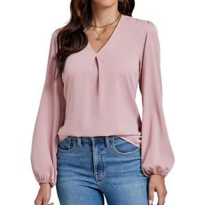 LYANER Women's V-Neck Long Sleeve Solid Tee Shirt Blouse Top (Medium, Pink)