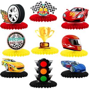Inbagi 9 Pieces Race Car Party Decorations Race Car Honeycomb Centerpieces Party Table Decor Double-Sided Photo Booth Props for Birthday Supplies