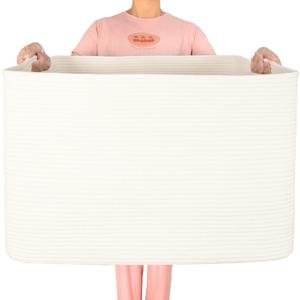 MINTWOOD Design 112L Extra Large Blanket Basket Holder Living Room, 25"x17"x16" Rectangle Rope Woven Storage Basket with Handles for Laundry, Towels, Shoes, Dog Toy Organizer Bin Box, Creamy White