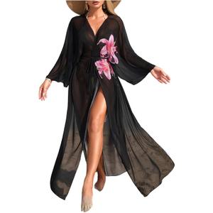 OYOANGLE Women's Swimsuit Cover Up Floral Long Sleeve Sheer Long Kimono Cardigans Beach Coverups (M)