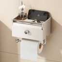 Voldra Toilet Paper Holder with Shelf, Flushable Wipes Dispenser for Bathroom, Adhesive Toilet Paper Roll Holder with Storage Wall Mount Stick On Bathroom Tissue Holder Front Flip Design (Matte White)