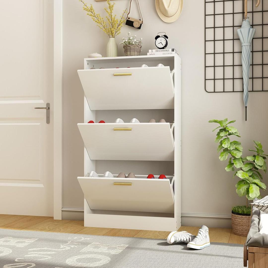 Narrow Shoe Storage Cabinet, Shoe Cabinet for Entryway with 3 Flip Drawers, Wood Hidden Shoe Rack with Doors, Freestanding Shoe Organizer Cabinet for Hallway, White
