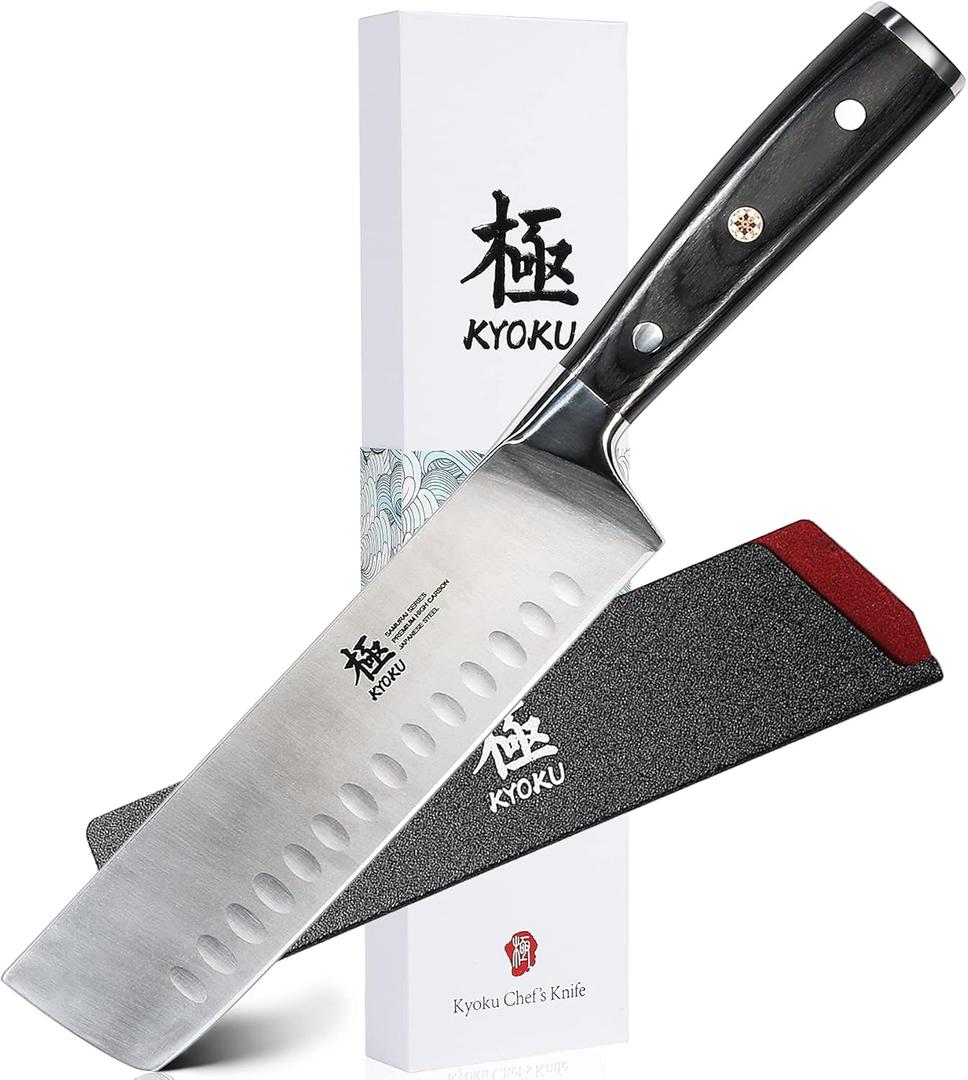 KYOKU Samurai Series - Nakiri Japanese Vegetable Knife 7" - Full Tang - Japanese High Carbon Steel Kitchen Knives - Pakkawood Handle with Mosaic Pin - with Sheath & Case