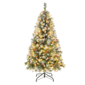 5 FT Artificial Christmas Tree Hinged w/ 200 Warm LED Lights & 126 Red Berries