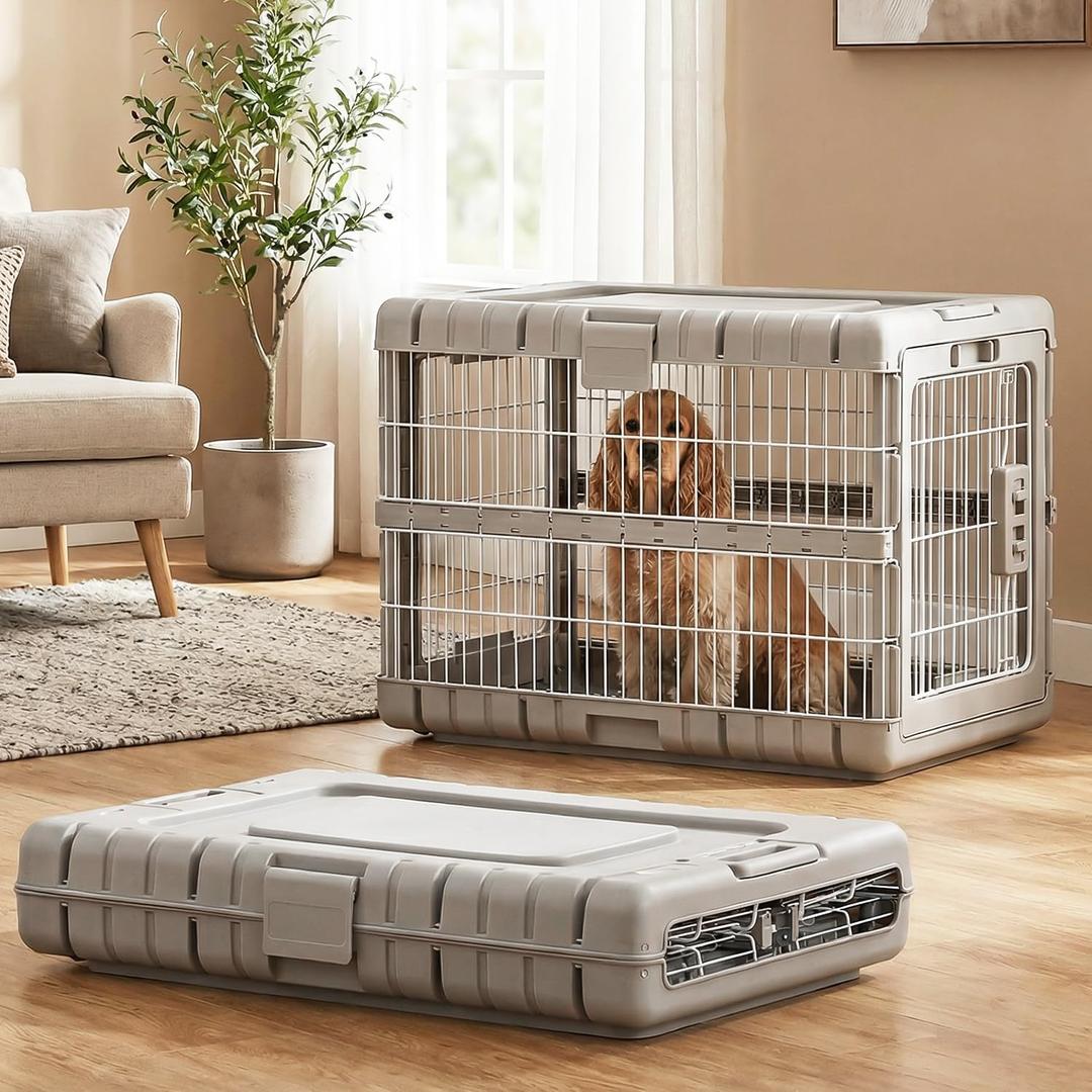 ZOMISIA Collapsible Dog Crate for Dogs - 28" L Heavy Duty Dog Kennel No Tools Required with 4 Sides Steel Foldable Cage for Dogs Indoor Furniture, Portable Carrier with 2 Smooth Wheels, Beige (27.95 x 18.9 x 21.65 in)