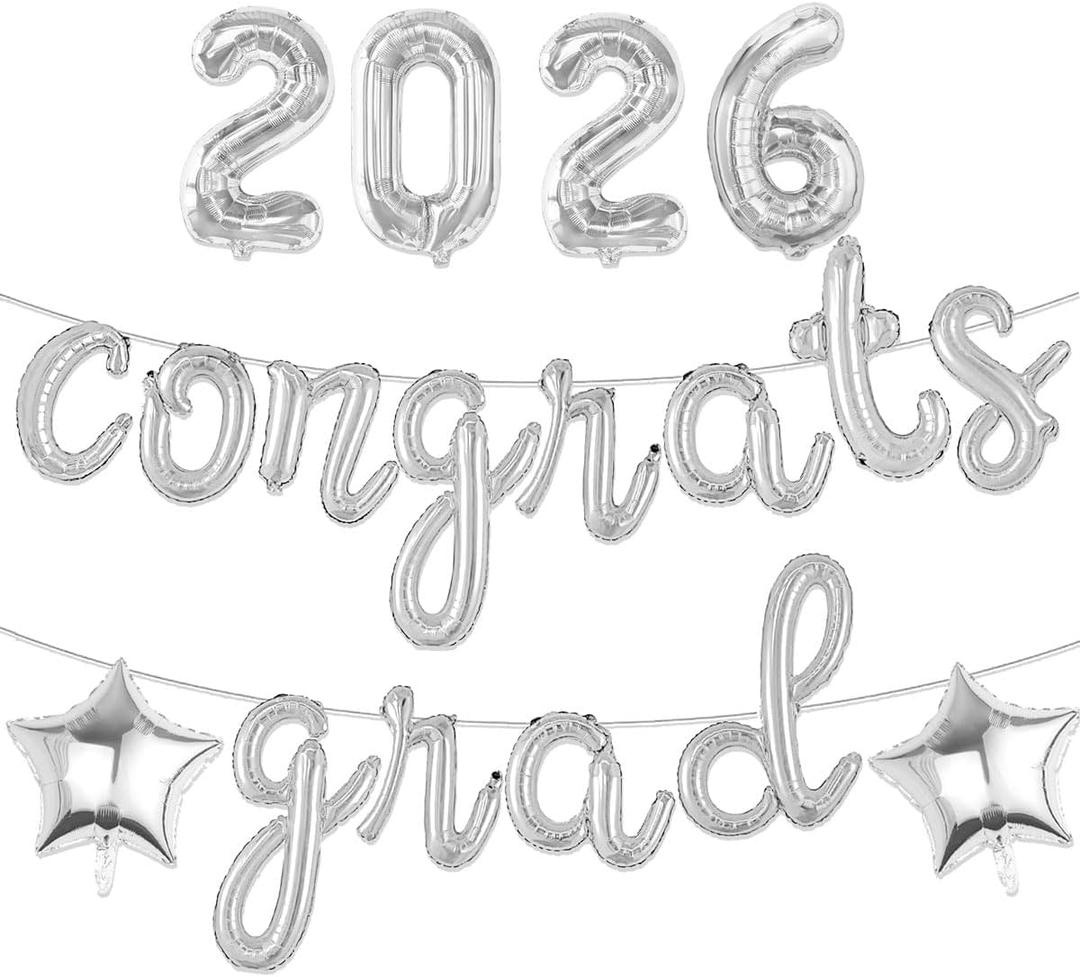 2 x Sliver 2026 Congrats Grad Balloons Congrats Foil Balloons for Congrats Grad Decorations