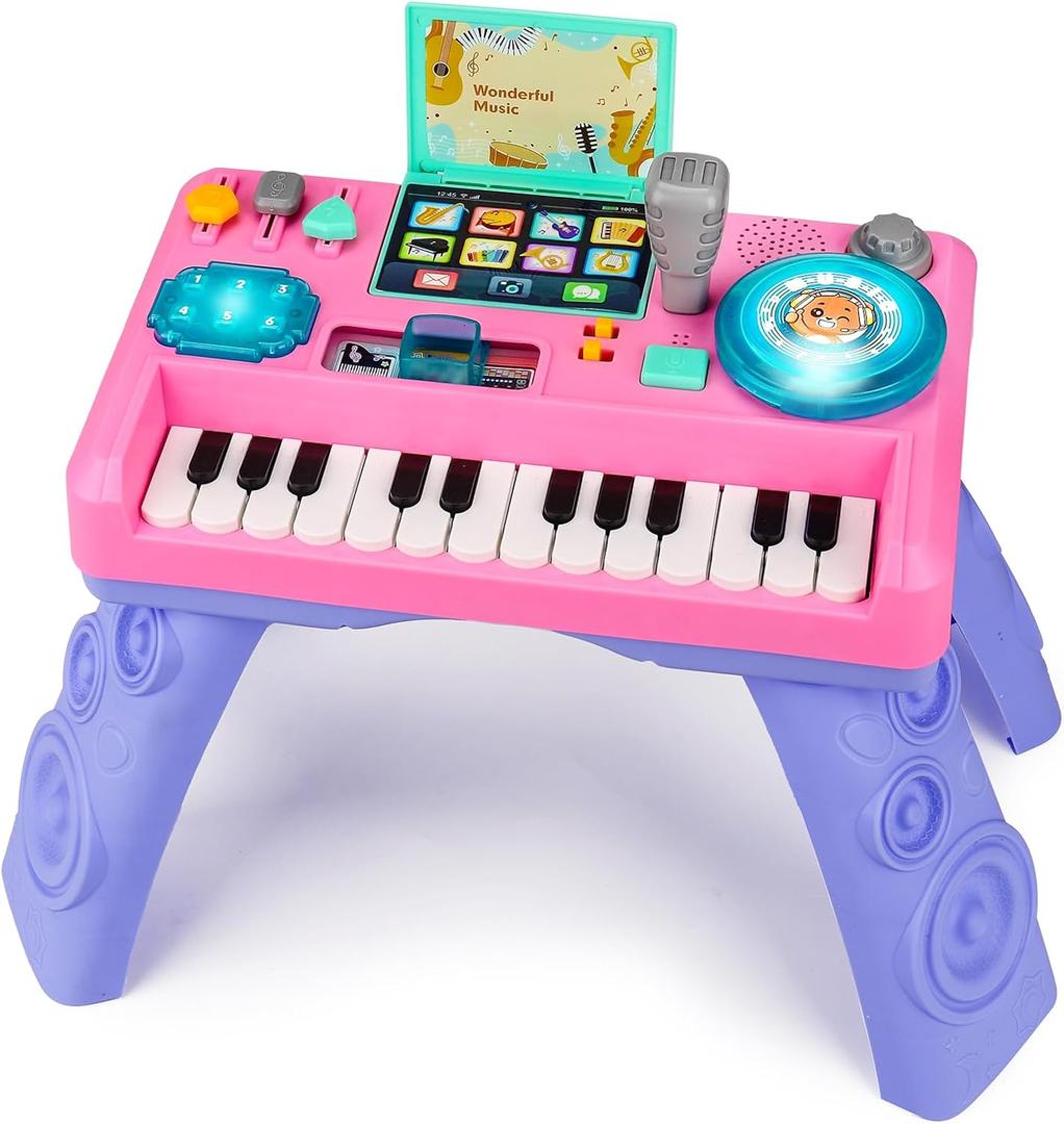 Basytodio Baby DJ Table for Toddlers 1-3 with Music & Light, Musical Baby Piano Toys 6-9-12-18 Months Toddler Activity Table Music Instruments Learning Toys for 1 Year Old Girl First Birthday Gifts Age 0-2