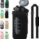 chunmo Half Gallon 64oz Glass Water Bottle with Straw and Storage Sleeve Motivational Water Bottle with Strap and Time to Drink 2L Leakproof Reusable Water Jug for Fitness Gym and Outdoors Black