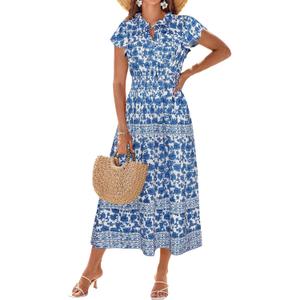 GRACE KARIN Women's Floral Boho Dress Hawaiian Dresse Short Sleeve V Neck Summer Beach Wedding Guest Swing Maxi Sundress (Blue, M)
