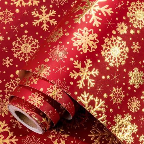 Homeral Christmas Wrapping Paper Roll - 3D Embossed Gold Foil Metallic Shine Snowfalkes Gift Wrap for Christmas, Winter Holiday, New Year Celebration - Mini Roll - 17 In x 33 Ft