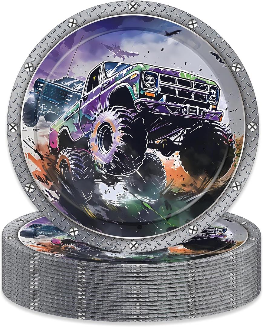 OXYLIPO 9" Monster Trucks Paper Plates Celebrate Party Tableware Round Disposable Dinner Paper Plates Set Monster Trucks Theme Party Paper Plates Festival Party Supplies, Pack of 24