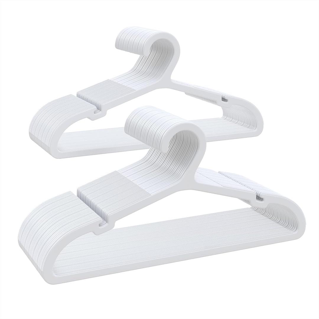 Plastic Kids Hangers, Pack of 60, Ultra Slim Closet Hangers, Non-Slip, Space-Saving, Sturdy, 14" W x 7" H (for Children Aged 7-12 Years), White, UAPY0760W