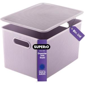 Superio Ribbed Collection - Decorative Plastic Lidded Home Storage Bins Organizer Baskets, X-Large Lilac Purple (1 Pack - 22 Liter) Stackable Container Box, for Organizing Closet Shelves Drawer Shelf