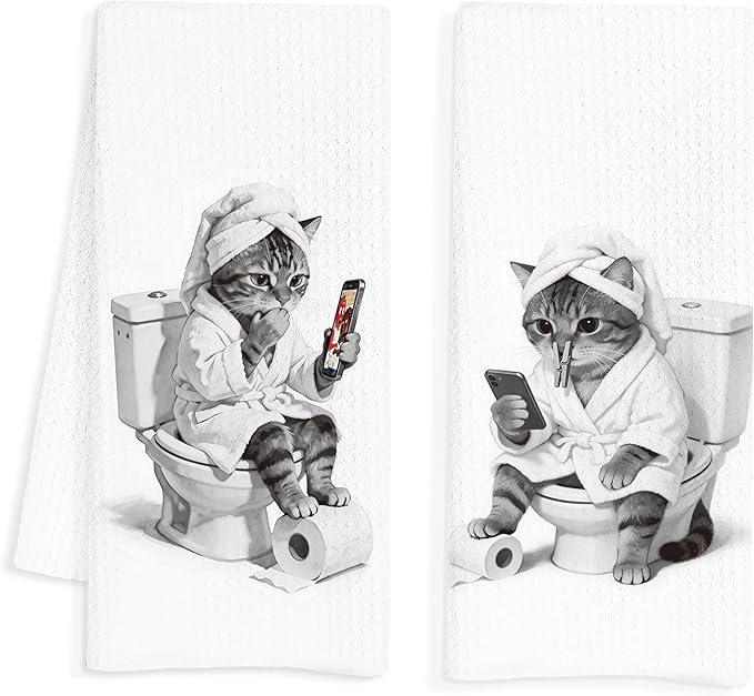 Funny Tabby Cat Bathroom Hand Towels, Cat Mom Dad Lover Gifts, Quirky Bathrobe Kitty Tabby Cats Hand Tea Towels for Guest Bathroom Washroom Toilet Decor, 16x24 Inch Set of 2