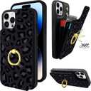 TopPerfekt Compatible with iPhone 14 Pro Wallet Case with Card Holder, 360 Rotation Finger Ring Holder Kickstand Protective RFID Blocking PU Leather Pattern Double Buttons 6.1" Black Leopard