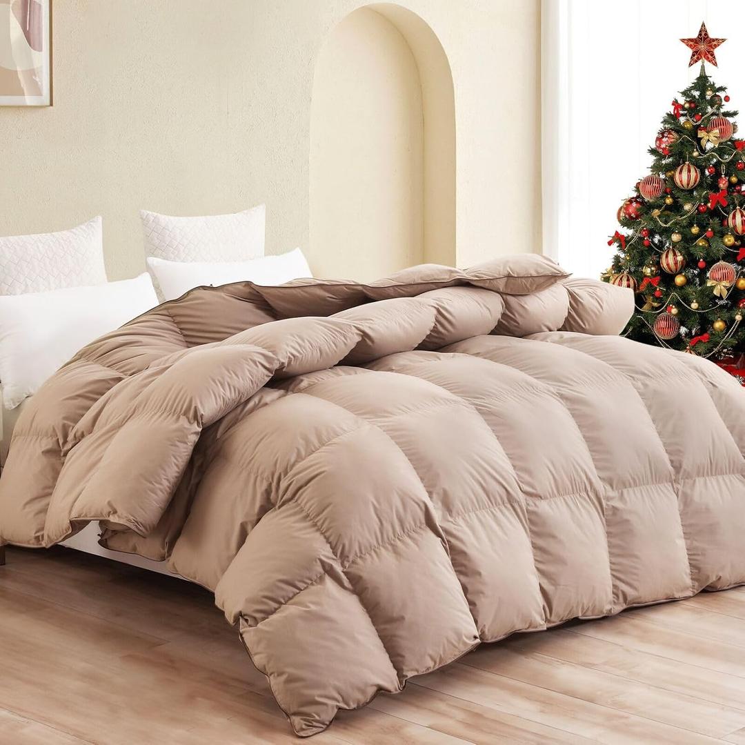 SNOWMAN Premium Down Comforter Queen Size, Luxurious All Season Duvet Insert with Cotton Blended Fabric, 3D Baffle Box Design Hotel Bedding Comforter (Khaki, 90"x90")