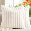 Pack of 2 Throw Pillow Covers 18x18 Decorative Solid Plush Faux Fur with Soft Velvet Back, Square Striped Cushion Cases Modern Farmhouse Home Decor for Living Room Couch Sofa Bed Cream White