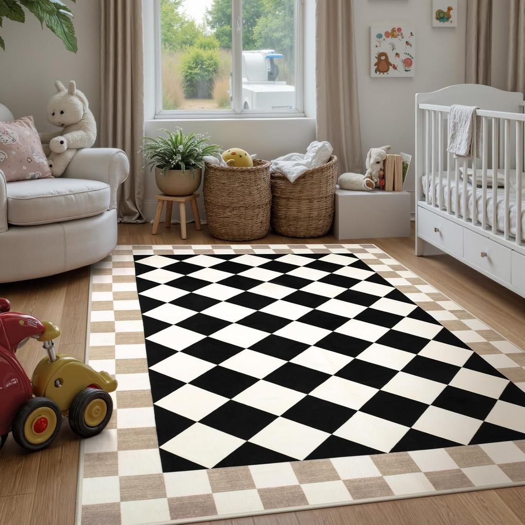 Morebes Checkered 5x7 Area Rug for Living Room, Washable Black Rug for Bedroom Geometric Kids Room Rug, Neutral Soft Low Pile Non-Slip Carpet for Nursery Playroom Home Decor