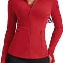 AVGO Womens Workout Jackets Lightweight Athletic Zip Up Jacket Slim Fit Running Gym Top with Pockets & Thumb Holes (Medium, Red)
