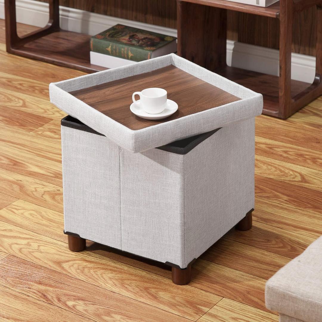 15 Inch Storage Ottoman with Wooden Legs - Cube Foot Rest Stool, Square Footstool, Comfortable Seat with Lid, Foldable Fabric Ottoman, Space-Saving White (Squ Light Grey)