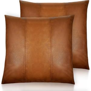 Faux Leather Throw Pillow Cover 18X18 Inch Set of 2 Brown Outdoor Modern Farmhouse Solid Decorative Pillow Covers for Room Couch Living Bedroom Bed Sofa