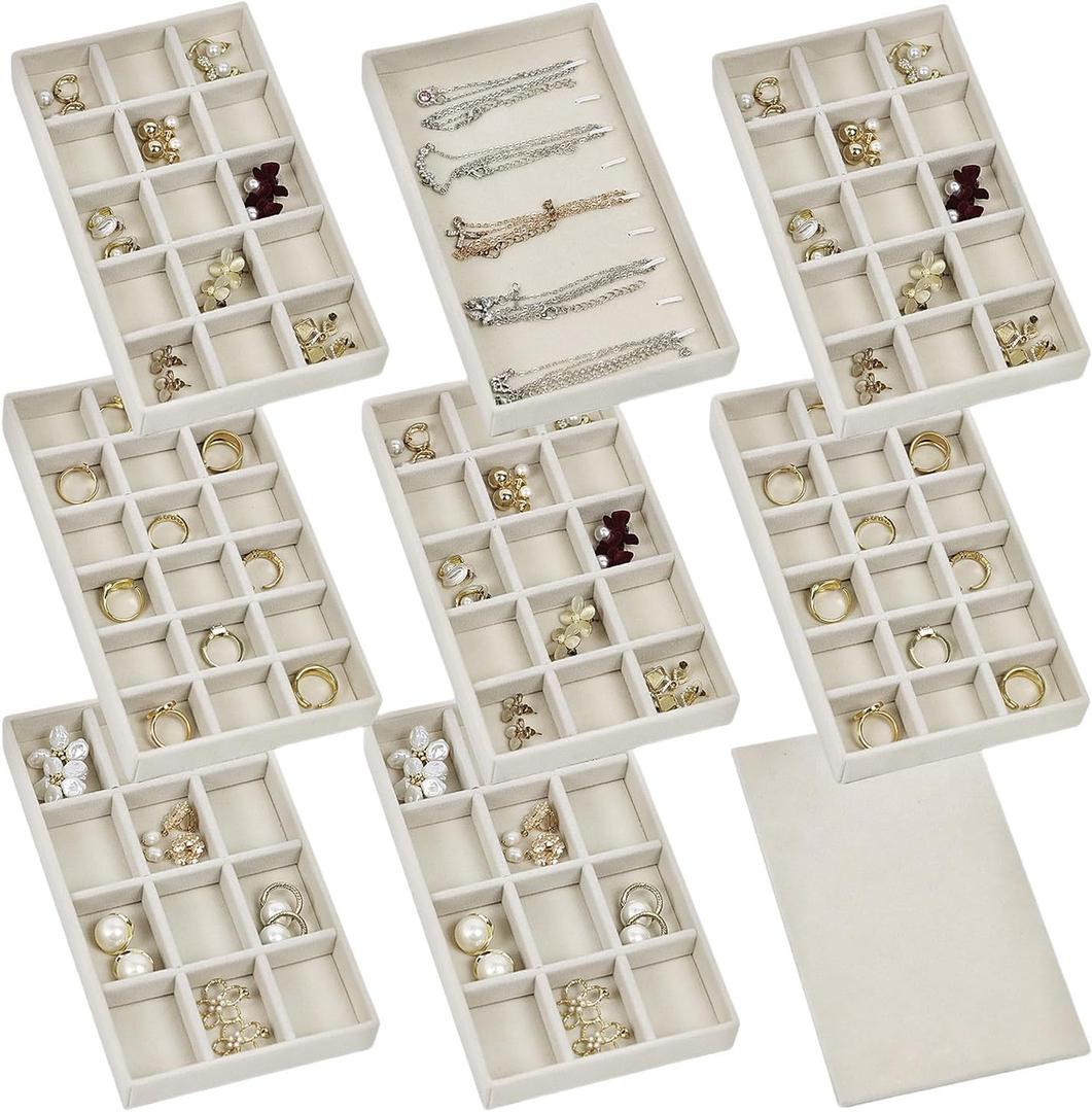 Set of 8 Stackable Jewelry Organizer Trays with 1 Lid for Drawer & Dresser Organizer, Adjustable Velvet Jewelry Box Tray Earring Organizer Necklace Storage Ring Bracelet Display Case (Beige)
