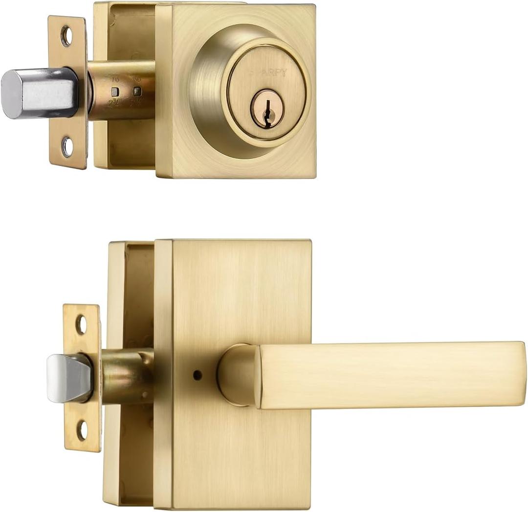 Satin Brass Exterior Door Lock Set, Front Door Handle with Deadbolt, Heavy Duty Entry Door Handleset (1, Gold)