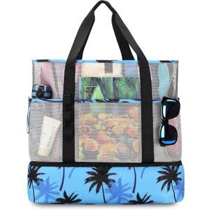 Beach Bag with Cooler,Mesh Beach Bags for Women Sandproof for Pool and Swimming Travel Daily with Durable 8 Pocket (Large, Tree)