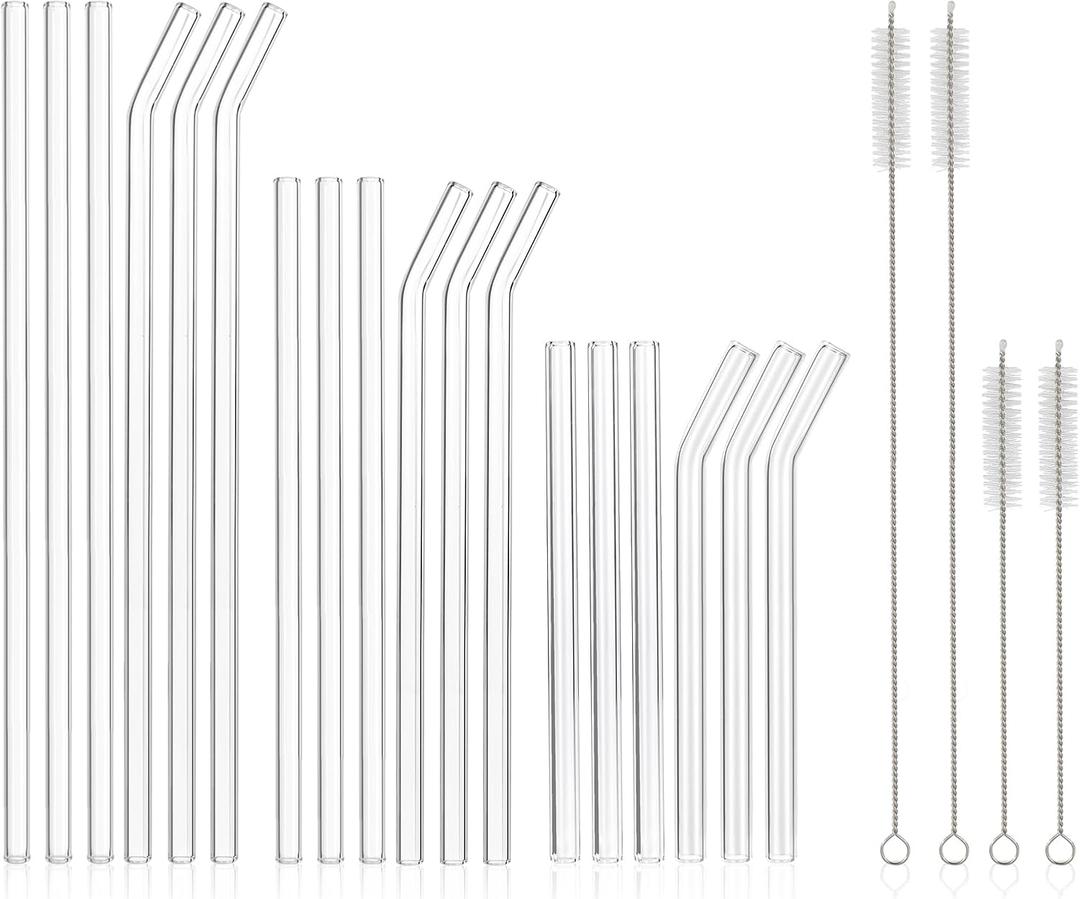 [22 Pcs] Reusable Glass Straws Shatter Resistant - Size 12"x8mm,9"x8mm,6"x8mm Including 9 Straight and 9 Bent Clear Glass Straws with 4 Cleaning Brush for 20 30 40 oz Tumblers,Cocktail,Coffee,Juice