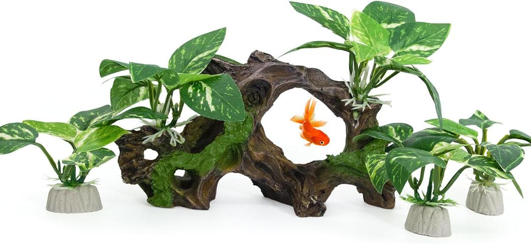 Driftwood Cave Aquarium Decor Silk Aquarium Plants for Betta Fish Tank Accessories Decorations (Green)