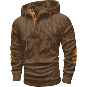 Vssjavun Mens Pullover Hoodie Casual Textured Long Sleeve Half Button Hooded Sweatshirt Brown (Brown, XL)