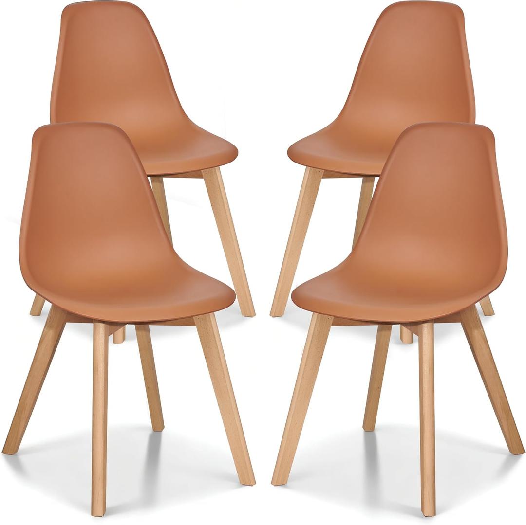 VECELO Dining Chairs Set of 4, Mid-Century Modern Kitchen & Dining Room Chairs, Molded Plastic Seat & Back, Solid Wood Legs, Armless, Non-Slip Feet, Orange