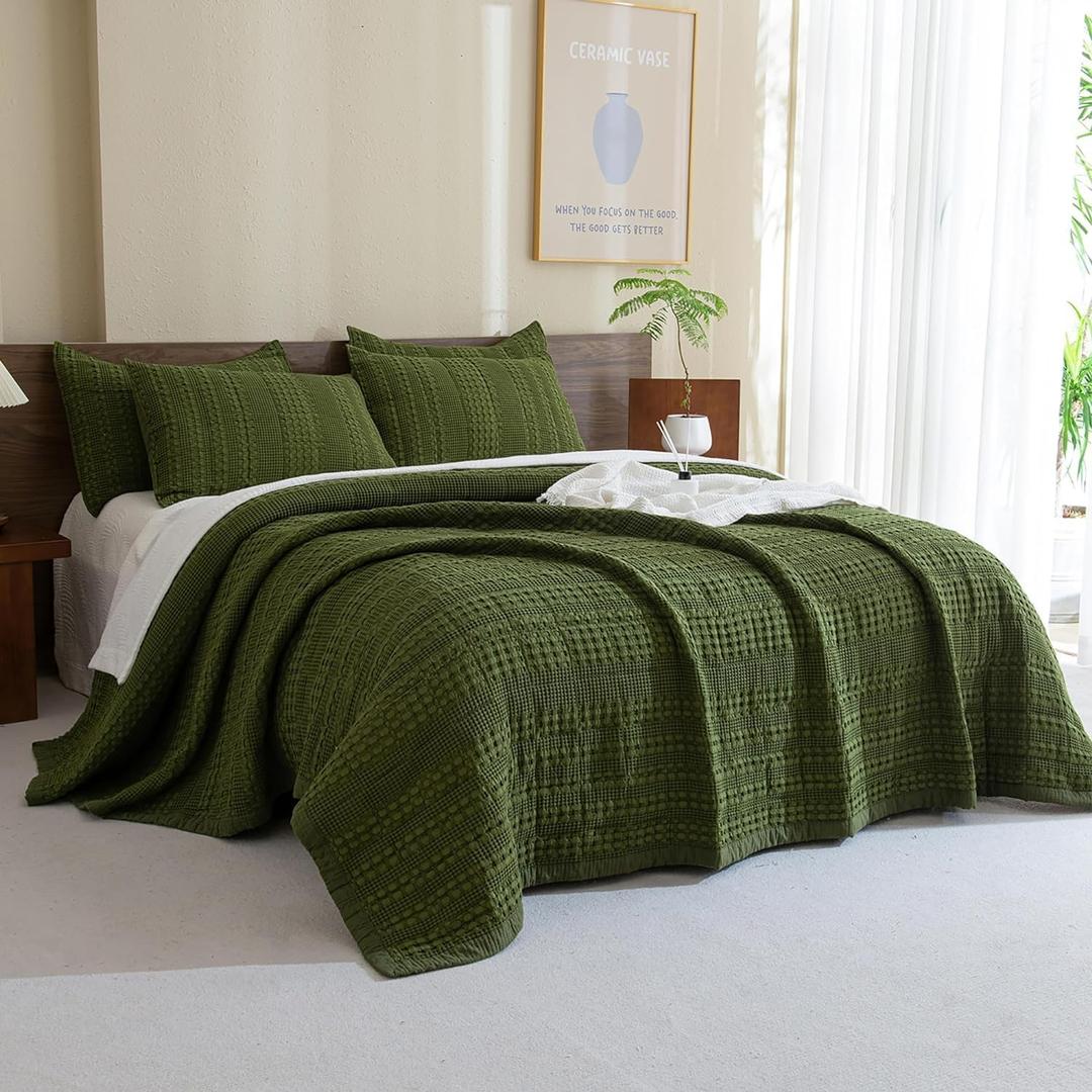 Sanracie Cotton Oversized King Bedspread Quilt(128"x120"),Olive Green Waffle Quilt Coverlet Set 3Pcs Extra Large King Quilt Bedding Set,Farmhouse Coverlet Quilt Set Shabby Vintage Chic Bedding