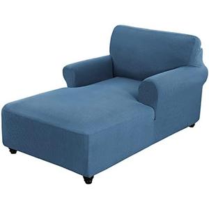 Dust Blue Small Checks Chaise Lounge Couch Cover - Fitted Slipcover with Double Arm, Stretch Chair Protector