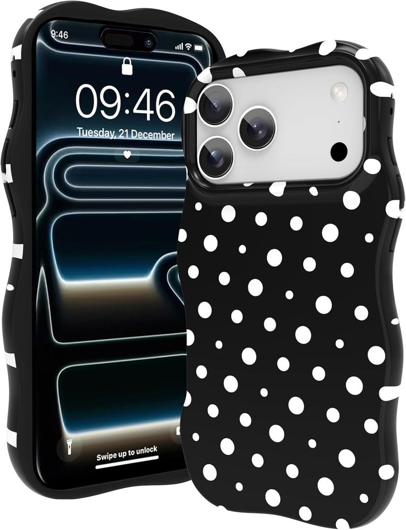ZIYE Wave Design for iPhone 17 Pro Case, Cute Black Polka Dot Pattern for Women Girls Men 2 in 1 Shockproof Bumper Scratch Resistant Protective Cover