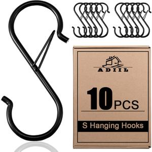 ADIIL 10 Pcs S Hooks for Hanging with Safety Buckle, Heavy Duty Metal S Shaped Closet Hooks for Hanging Plants, Kitchen Utensils, Jeans, Bags, Pots, 3.75 Inch, Black (10 Pieces)