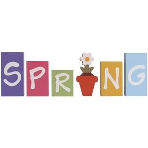 Pechpell Set Of 6 Wooden Spring Signs Letter Blocks, Wood Spring Table Decoration Indoor, March Seasonal Tiered Tray Tabletop Shelf Mantel Desk Home Decor