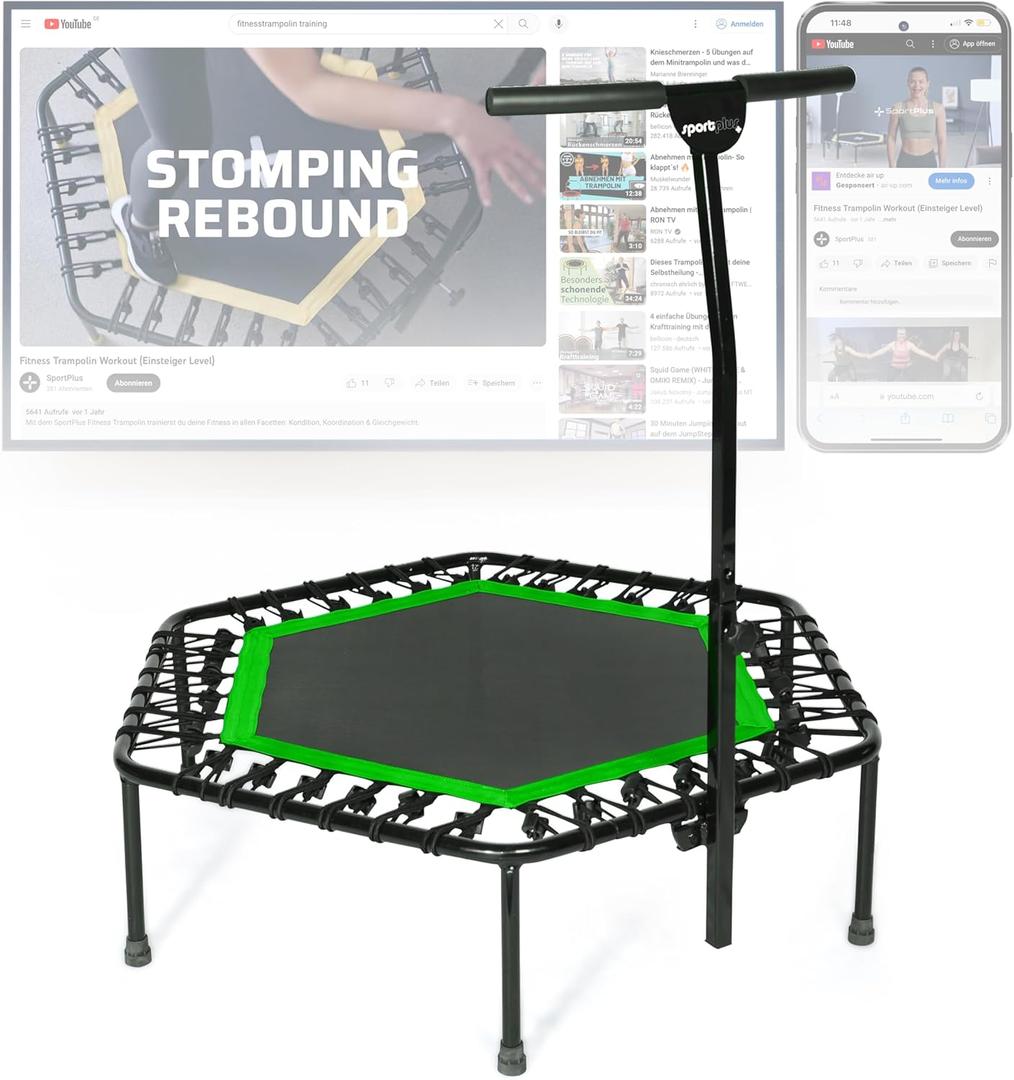 SportPlus+ Indoor Trampoline, Blue/Green/Red, Rebounder Home Fitness Trampoline with Height Adjustable Bar