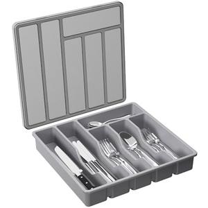 Lifewit Silverware Organizer with Lid, Covered Utensil Tray for Kitchen Drawer and Countertop, Plastic Cutlery and Flatware Storage Box for Spoons Forks Knives Holder Case, 12.6x11.8", Gray