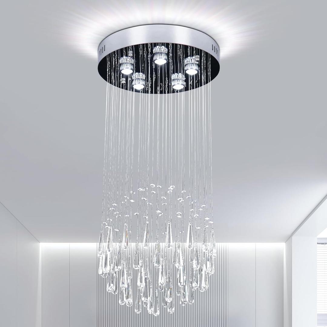 FRIXCHUR 15.7" Modern Crystal Chandelier for High Ceilings K9 Crystal Raindrop Flush Mount Chandeliers 5-Lights Gorgeous Pendant Lighting for Living Dining Room Hallway Staircase