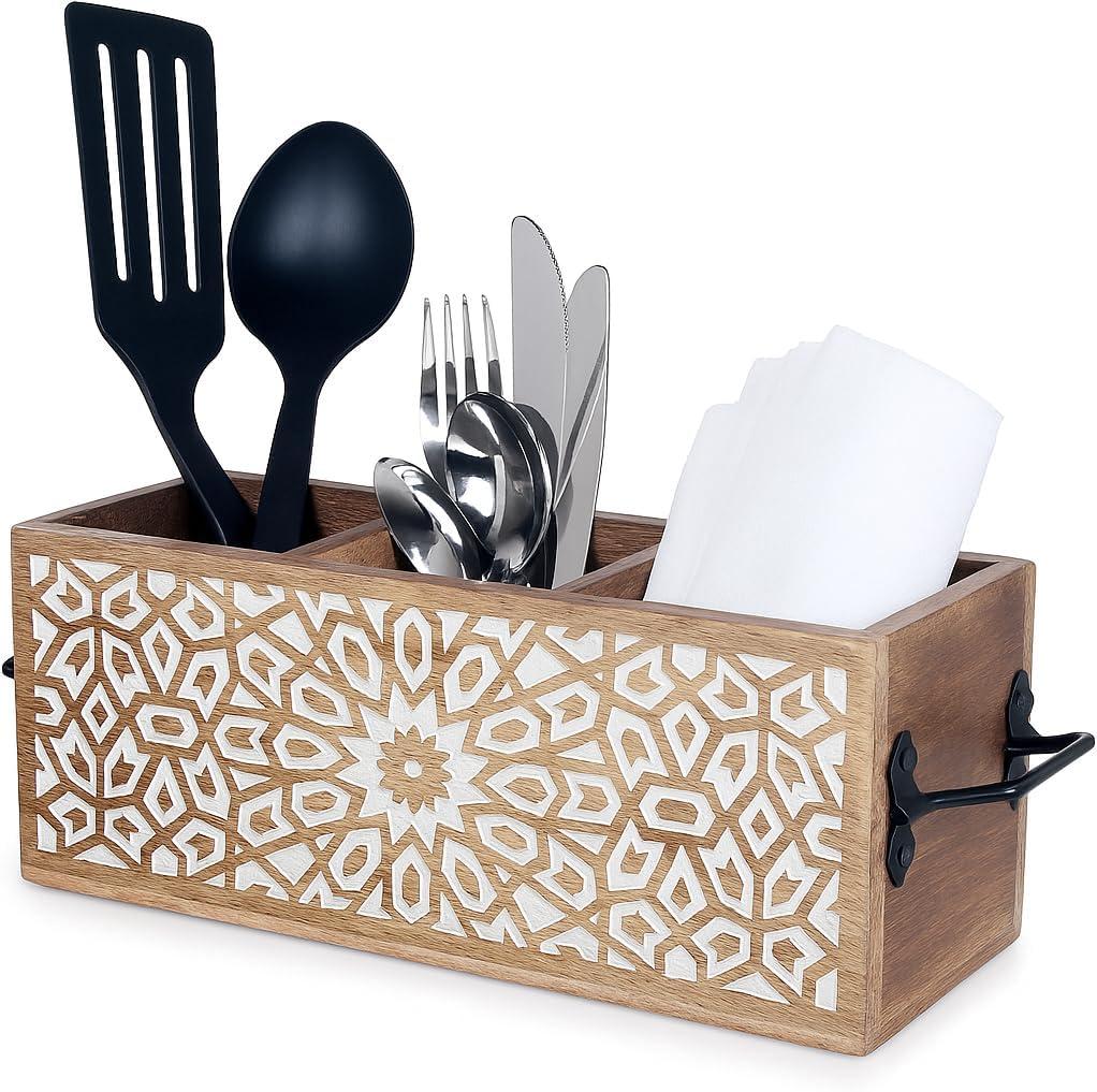 Wooden Utensil Caddy for Kitchen Countertop 3-Slot , Multi-Purpose Wooden Desk Organizer Work Desk, Bathroom, Cutlery Caddy, Office Supplies Organizer 11 X 4.5 Inches