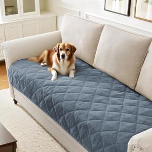 PrinceDeco Non Slip Couch Cover for Dogs Fluffy Pet Cover for Couch Checkered Chenille Sofa Slip Cover Pad Bed Mats Washable Furniture Protector for Puppy Cat Kids(36" x 82", Stone Blue)