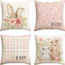 AVOIN colorlife Easter Rabbit Flower Buffalo Plaid Be Hoppy Throw Pillow Cover, 18 x 18 Inch Polka Dot Bird Be Kind Cushion Case Decoration for Sofa Couch Set of 4 (Pink)