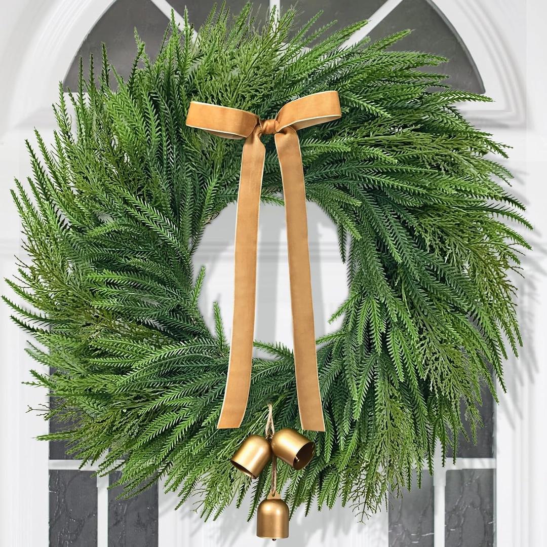 Christmas Wreaths for Front Door - 26" Real Touch Norfolk Pine Wreath, Large Christmas Wreath with Lights Gold Bell & Bow for Mantle Wall Window Indoor Outdoor Decor (1 Pack)