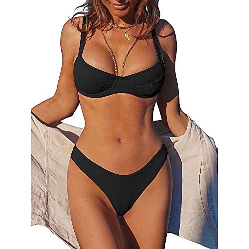 ZAFUL Women's Ribbed Underwire Bikini Set High Cut Colorblock V Notch Swimwear Printed High Leg Swimsuit, Size: L
