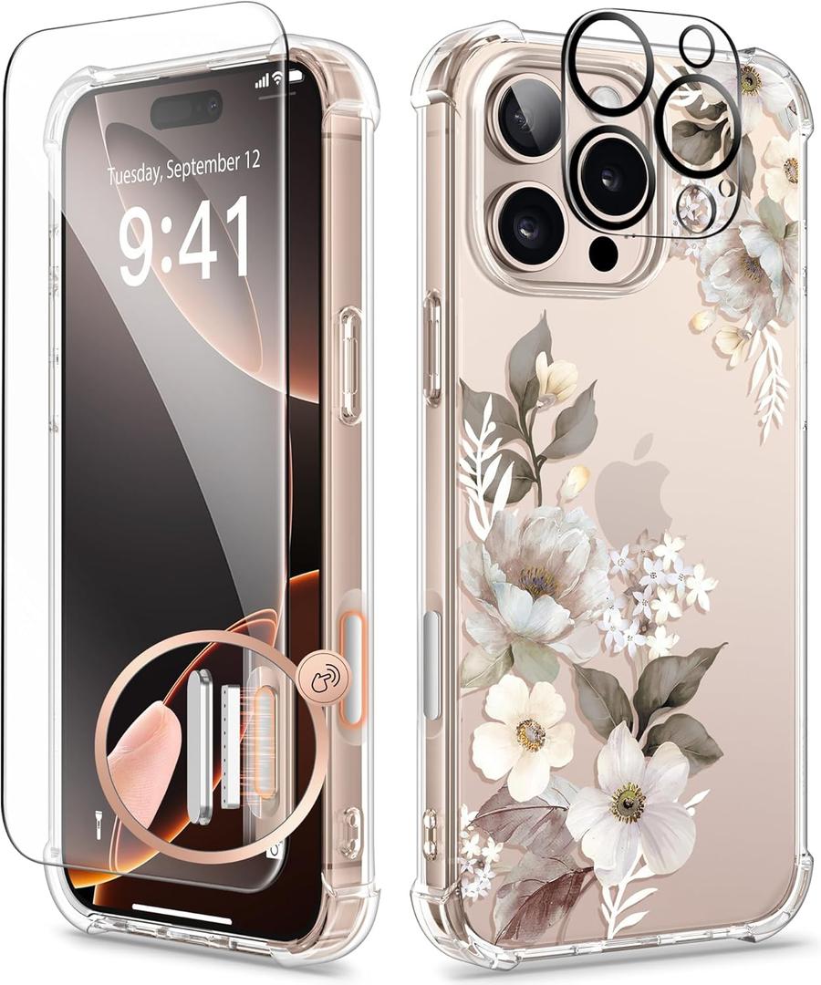 GVIEWIN for iPhone 16 Pro Case Floral, with Screen Protector&Camera Lens Protector, [Non Yellowing] Slim Shockproof Clear Phone Protective Cover for Women, Flower Pattern Design 6.3"(Delphinium/Grey)